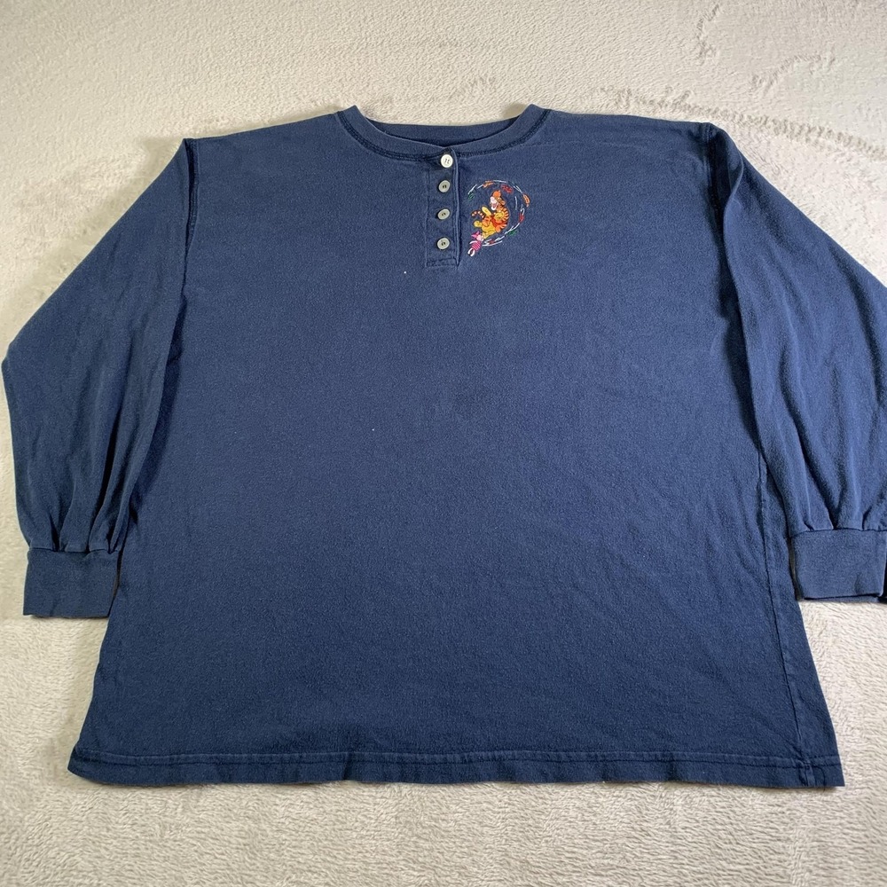 Vintage Winnie The Pooh Shirt Mens 2XL XXL Blue Henley‎ Long Sleeve 90s Cartoon